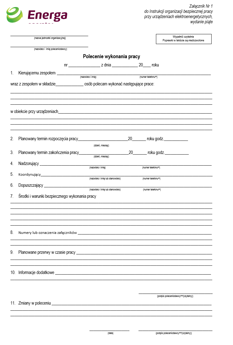 energa polecenie pisemne